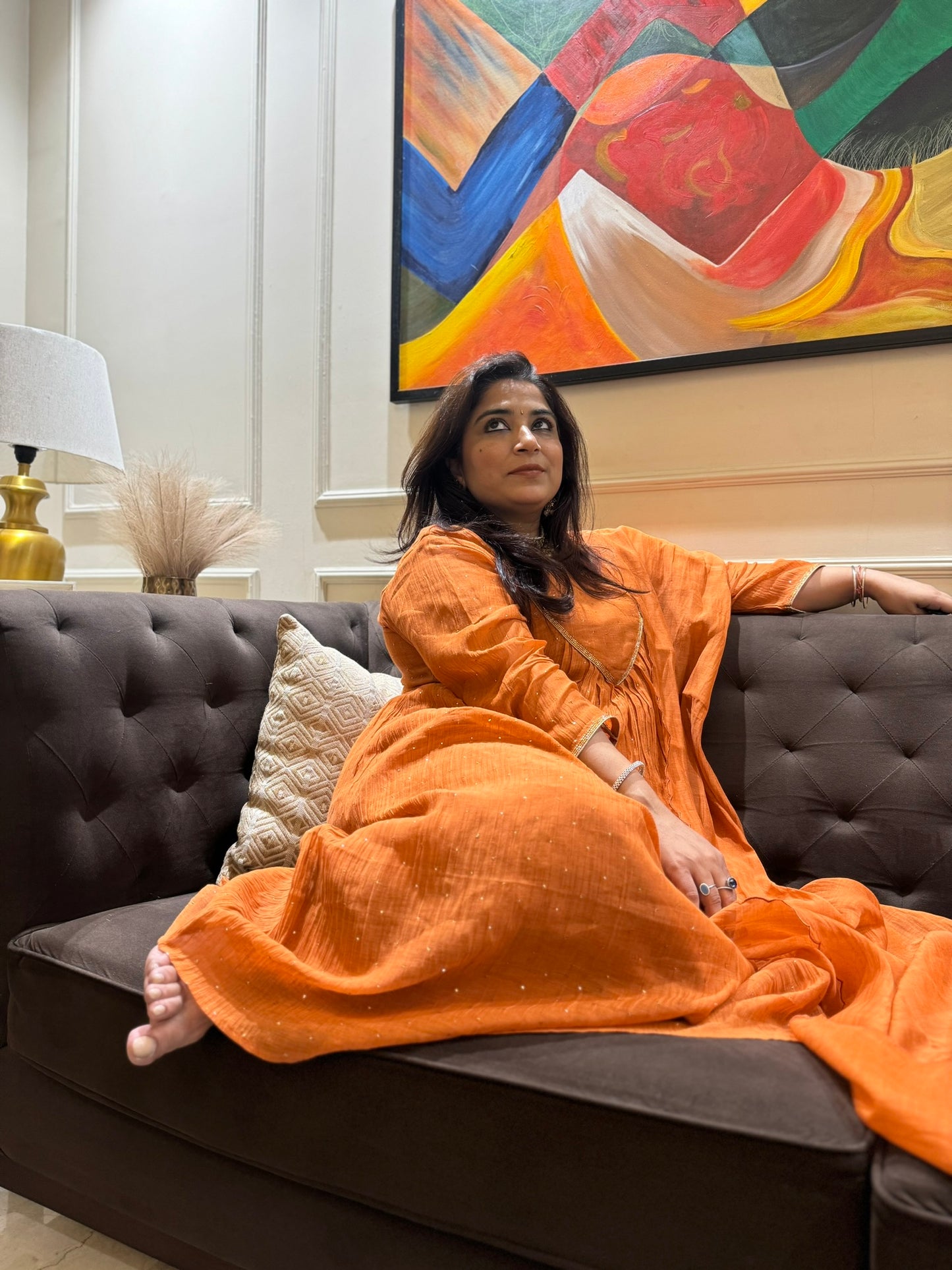 Rust Orange Mul Chanderi Mukaish Set