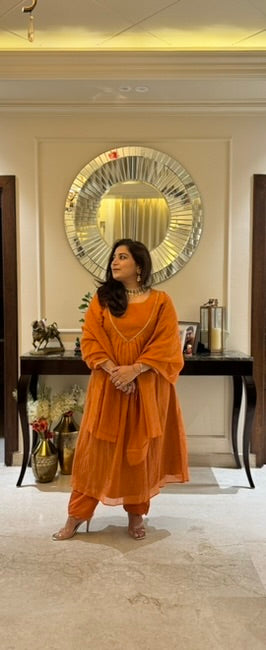Rust Orange Mul Chanderi Mukaish Set
