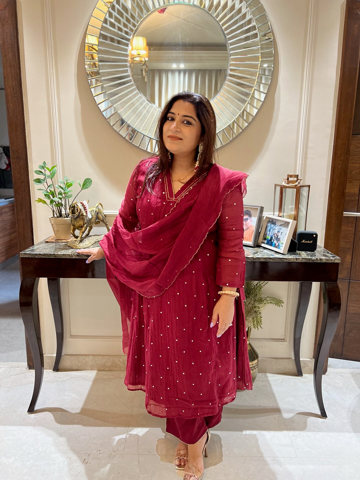 Maroon Mul Chanderi Mukaish Set