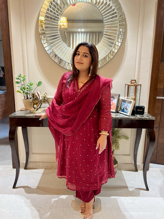 Maroon Mul Chanderi Mukaish Set