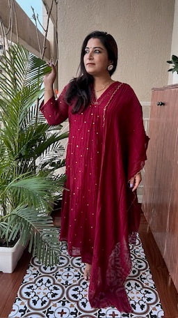 Maroon Mul Chanderi Mukaish Set